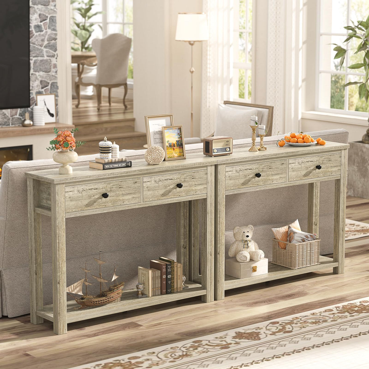 32 Inch Light Rustic Oak Console Table with 2 Drawers Q8828