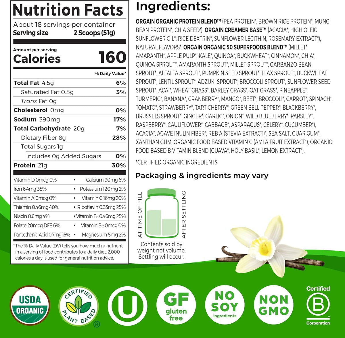 Organic Vegan Protein + 50 Superfoods Powder, 21g Plant Based Protein, 2.02 lb Y3759
