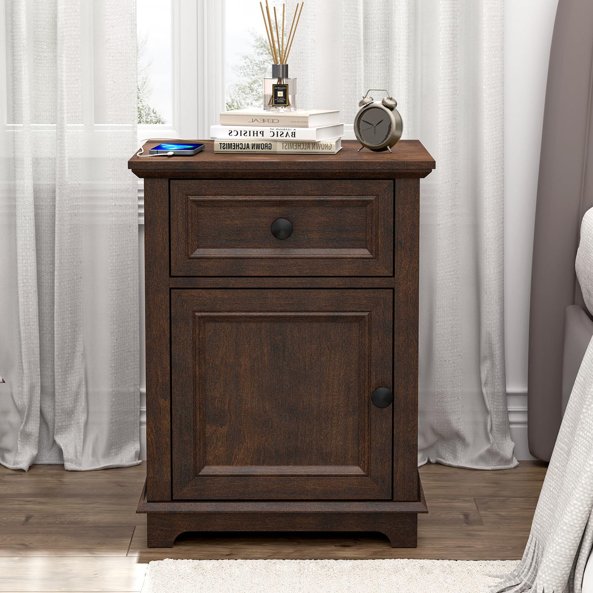 24" Tall End Table with Charging Station, Drawer & Storage Cabinet, Cherry L388339