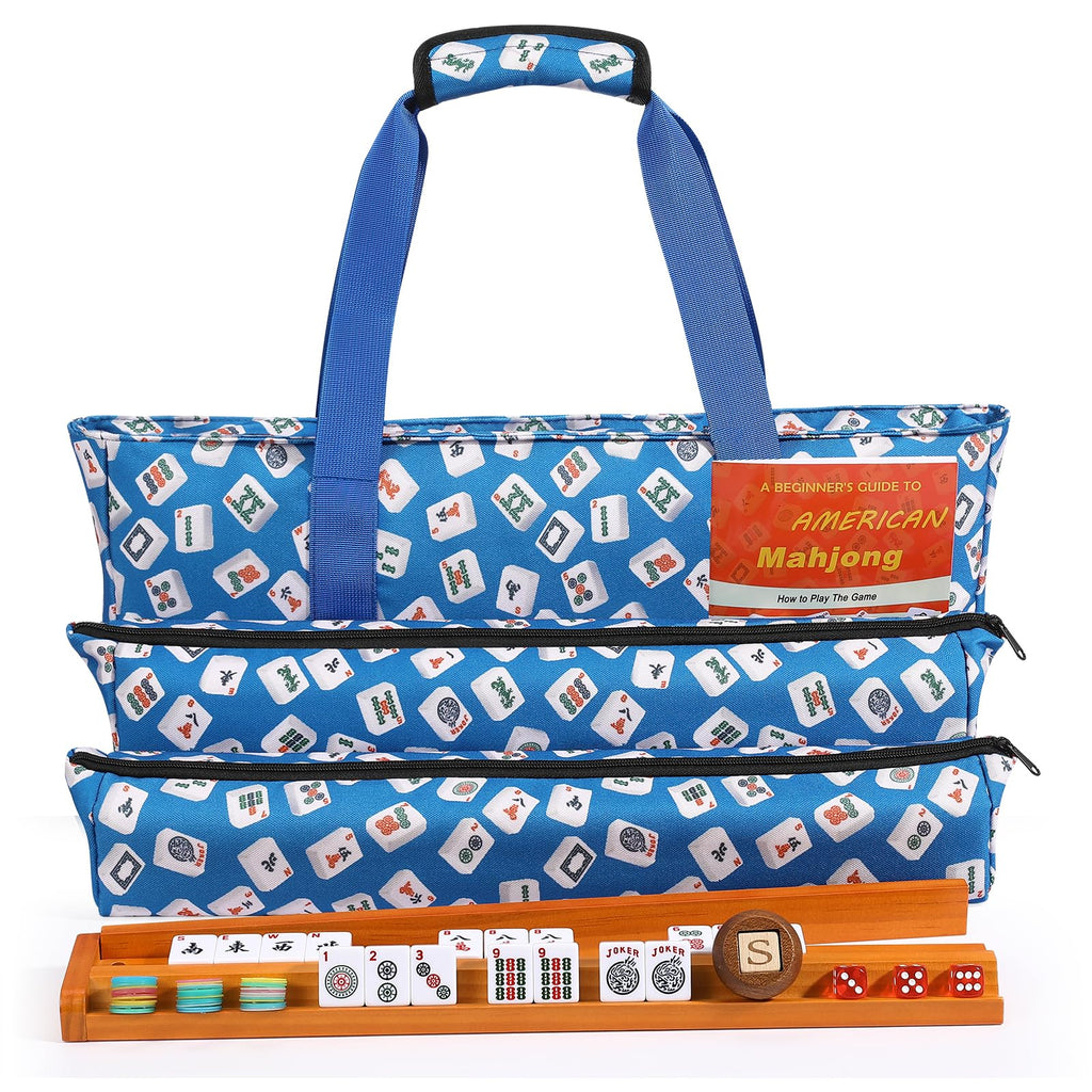 166 White Tiles Mahjong Game Set with Wooden Racks and Carrying Bag C4630