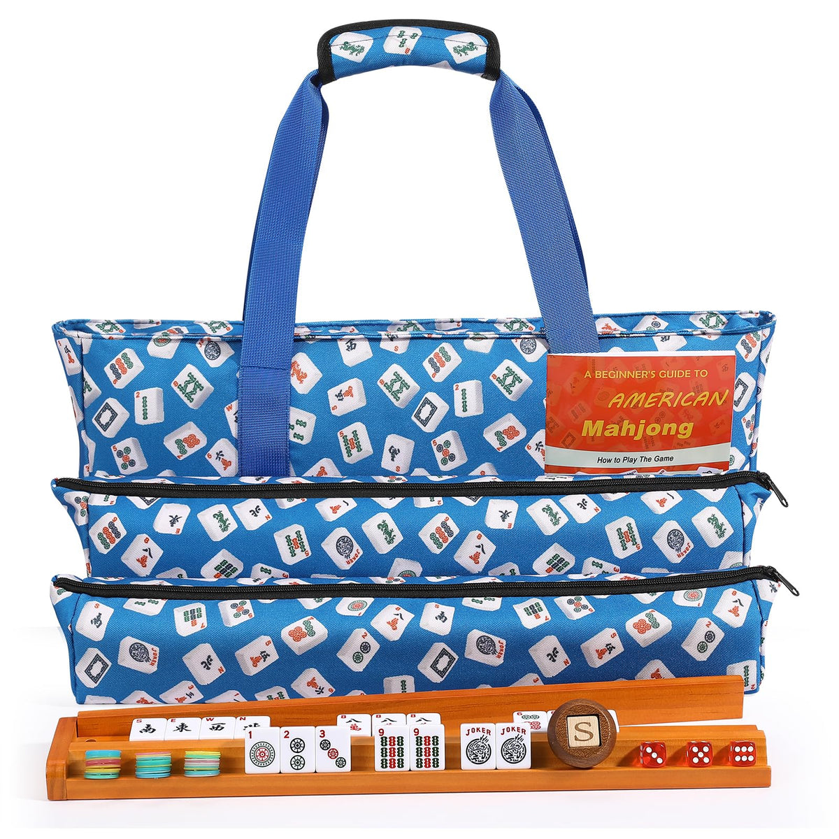 166 White Tiles Mahjong Game Set with Wooden Racks and Carrying Bag C4630