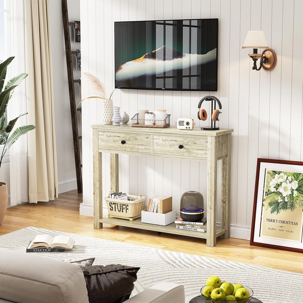 32 Inch Light Rustic Oak Console Table with 2 Drawers Q8828