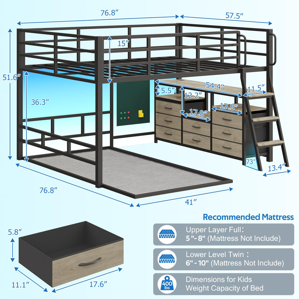 Full Over Twin Bunk Bed with 8 Drawers Grey V614612