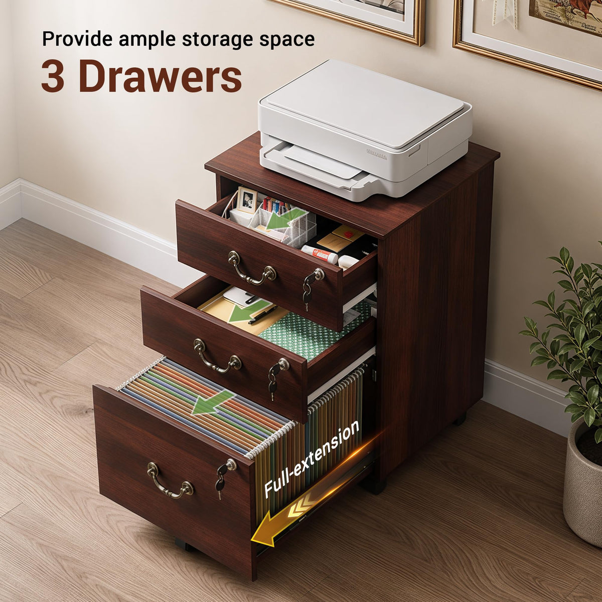 3 Drawer Wood File Cabinet with Lock O383