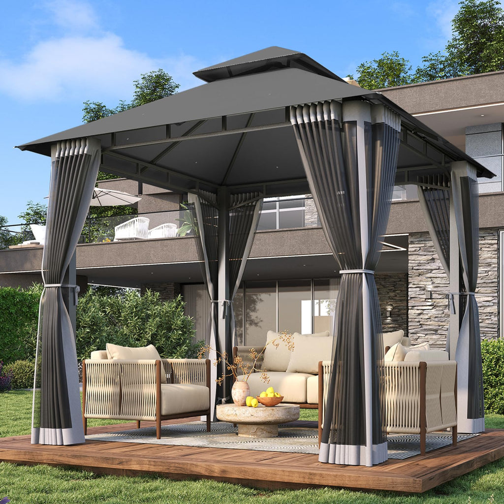 8'x8' Gray Gazebo with Double Roof & Mosquito Netting G2364