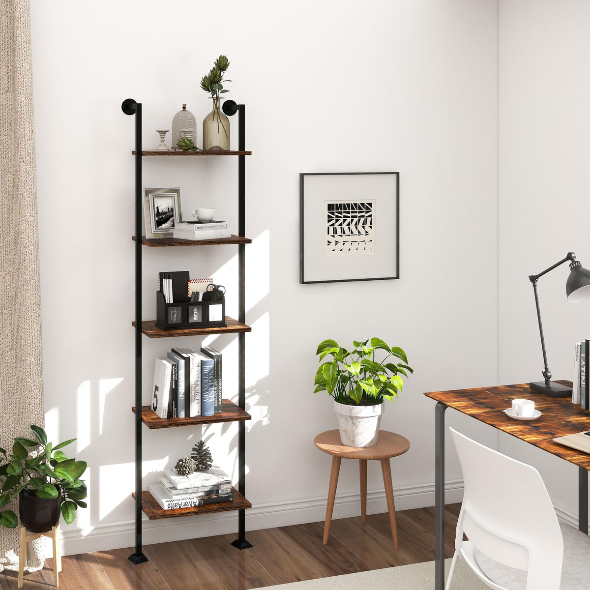 5-Tier Ladder Shelf Black Metal Frame Rustic Brown S91817
