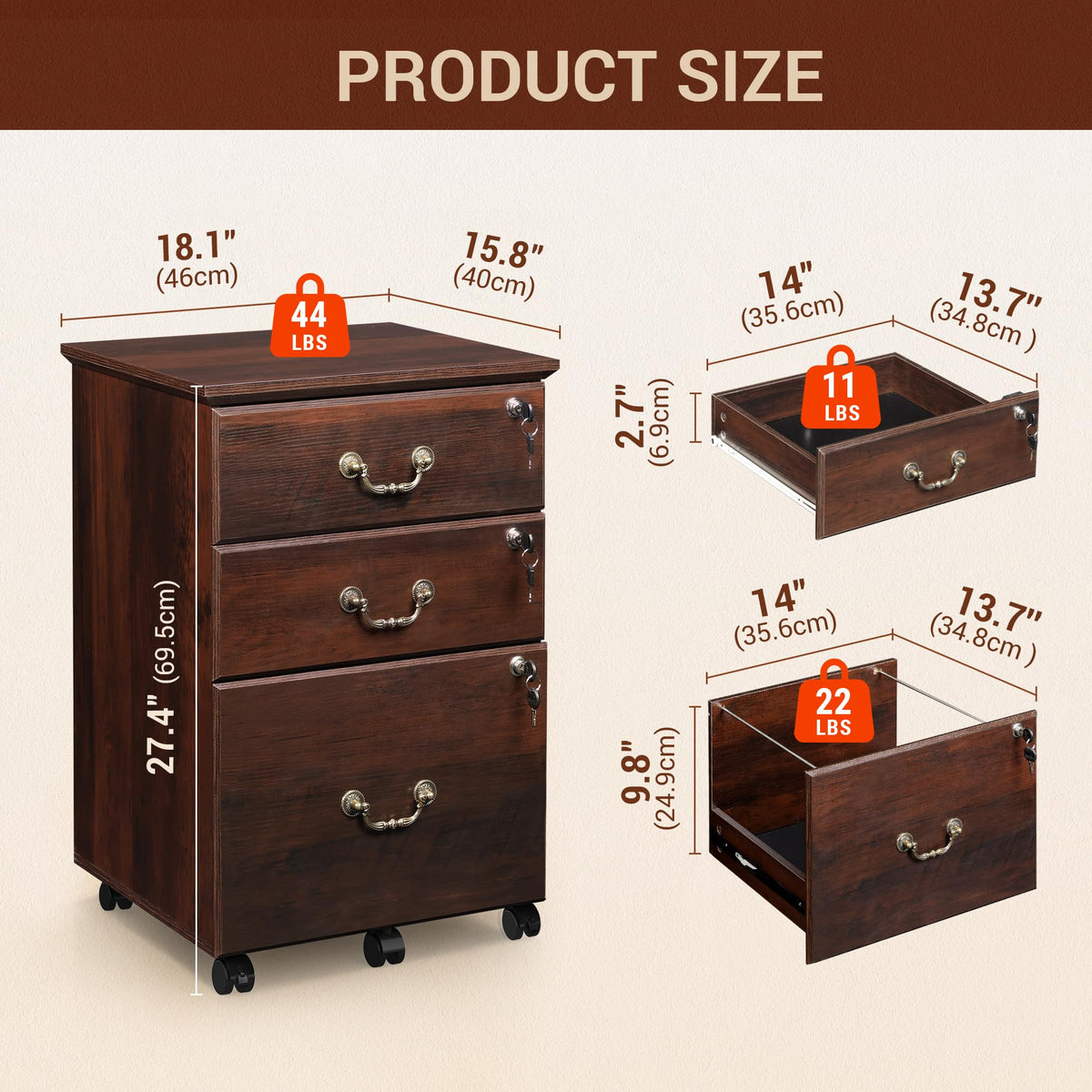 3 Drawer Wood File Cabinet with Lock O383