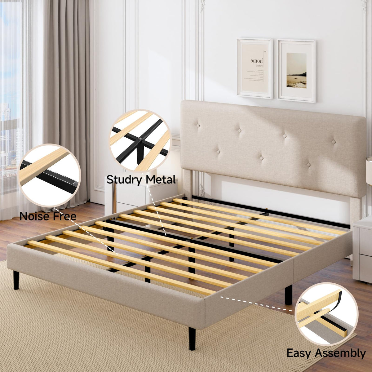 Queen Size Beige Linen Bed Frame with Adjustable Headboard M262788