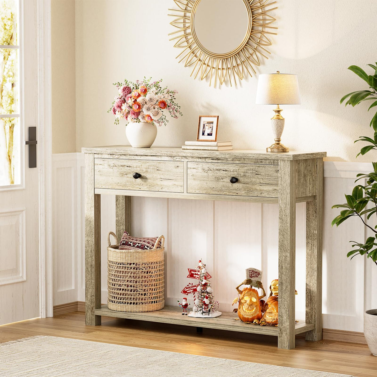 32 Inch Light Rustic Oak Console Table with 2 Drawers Q8828