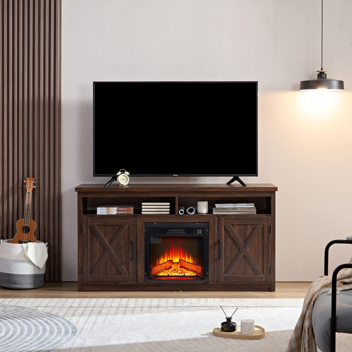 Farmhouse TV Media Stand with 18" Fireplace Insert and Cabinets, Espresso Q1121