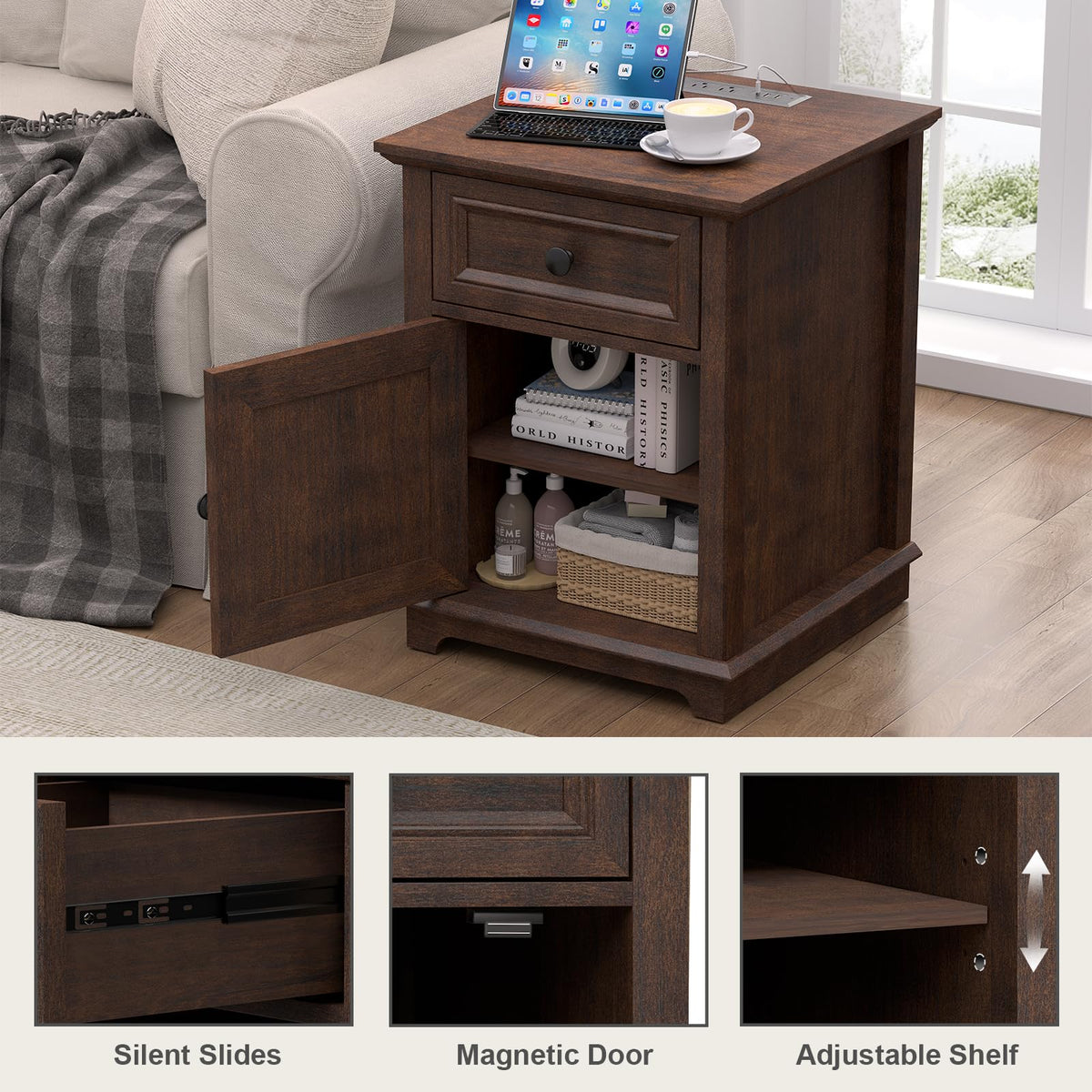 24" Tall End Table with Charging Station, Drawer & Storage Cabinet, Cherry L388339