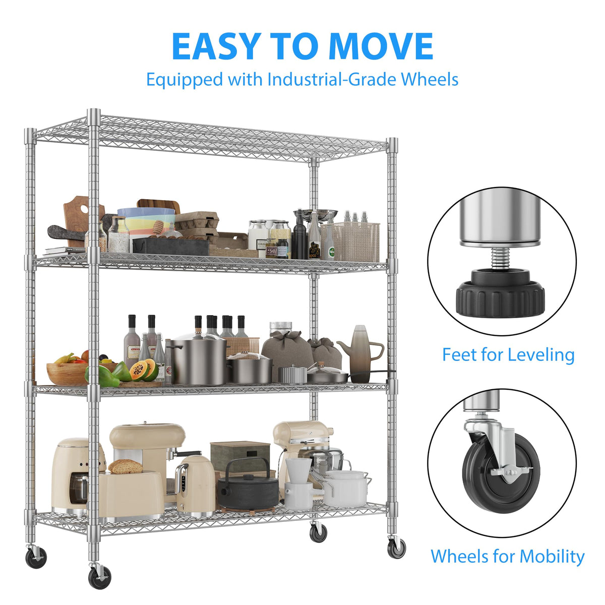 4-Tier Heavy Duty Metal Shelves with Wheels S785