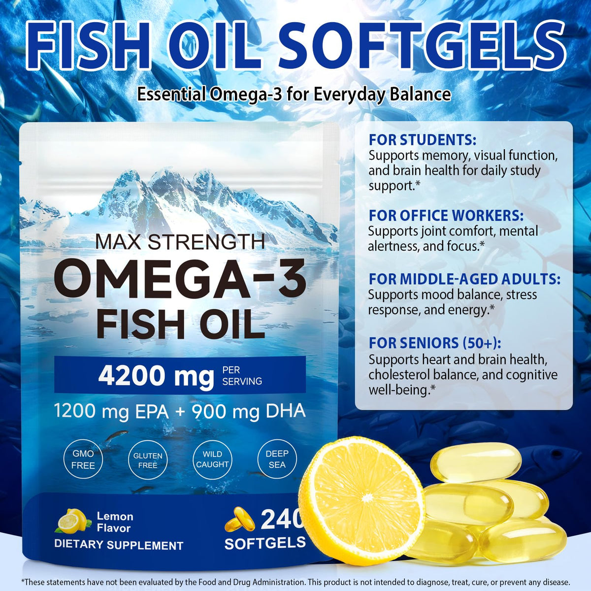Omega 3 Fish Oil 4200mg 240 Softgels Lemon Flavor F10962