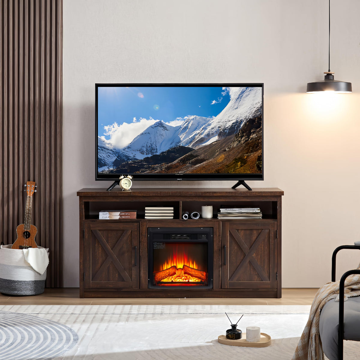 Farmhouse TV Media Stand with 18" Fireplace Insert and Cabinets, Espresso Q1121