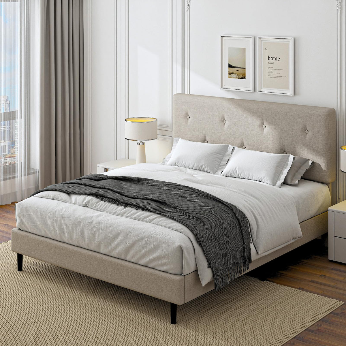 Queen Size Beige Linen Bed Frame with Adjustable Headboard M262788
