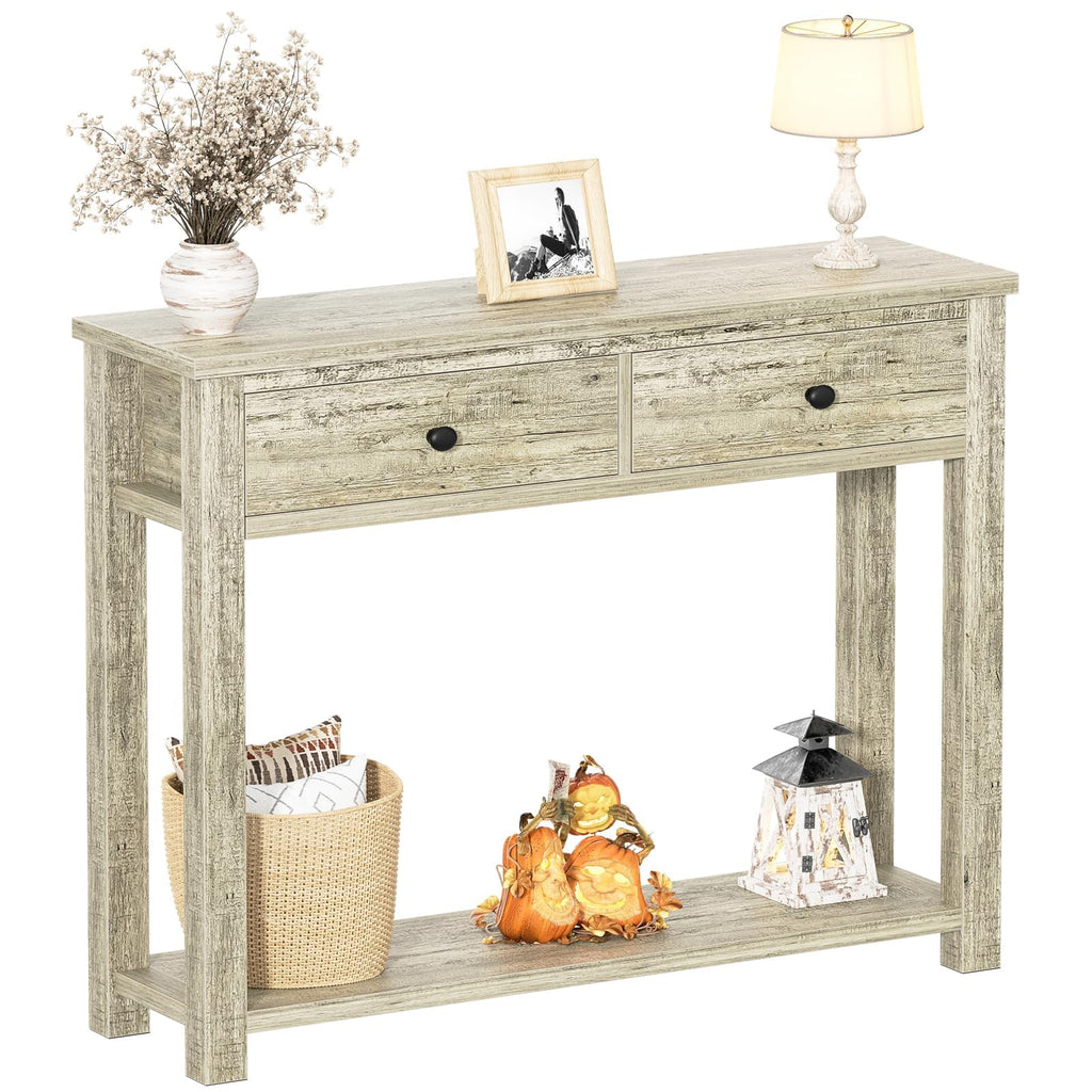 32 Inch Light Rustic Oak Console Table with 2 Drawers Q8828