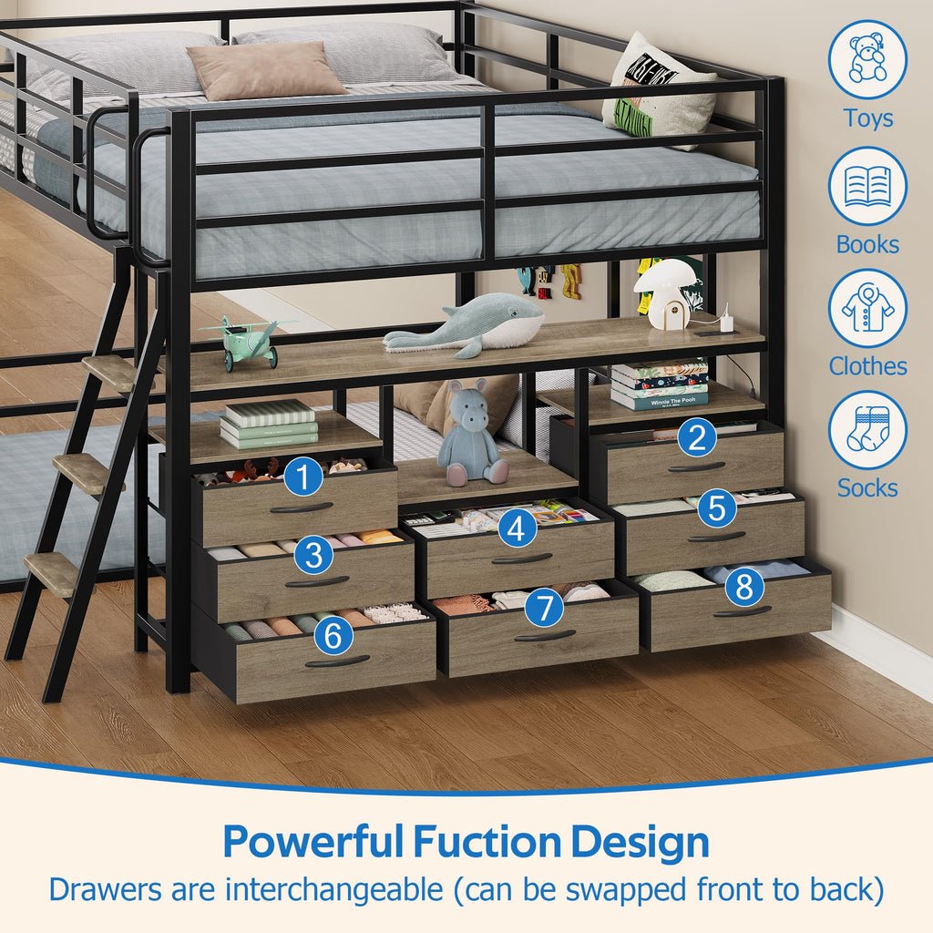 Full Over Twin Bunk Bed with 8 Drawers Grey V614612
