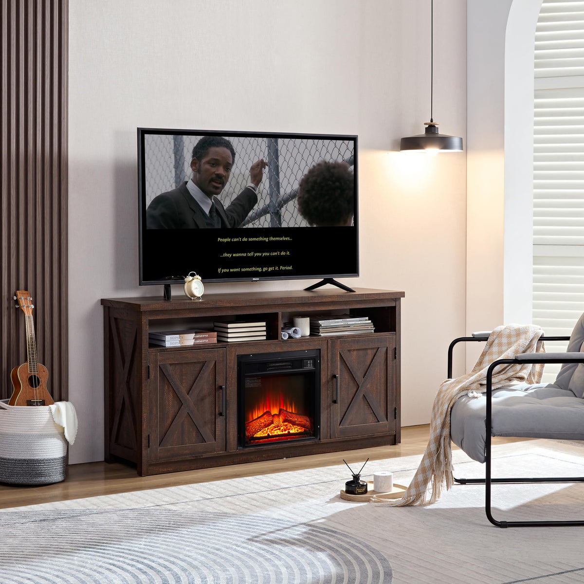 Farmhouse TV Media Stand with 18" Fireplace Insert and Cabinets, Espresso Q1121