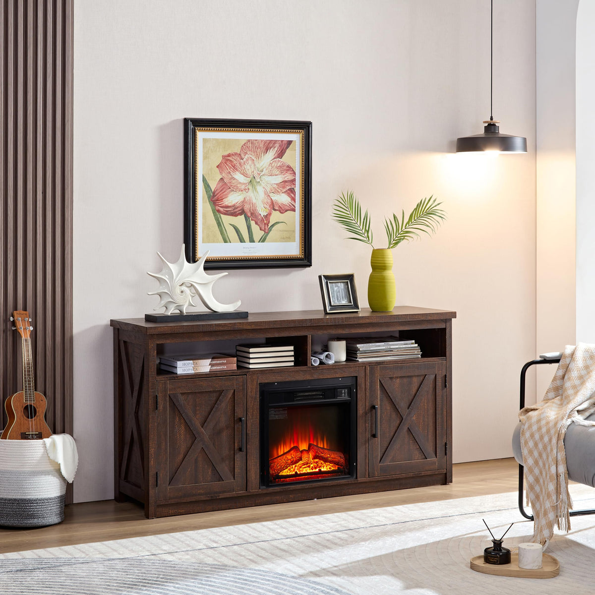Farmhouse TV Media Stand with 18" Fireplace Insert and Cabinets, Espresso Q1121