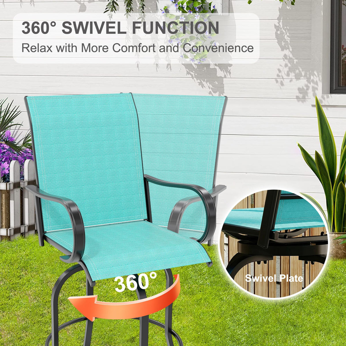 2 Piece Teal Outdoor Swivel Bar Stools with High Back & Armrest Q4321