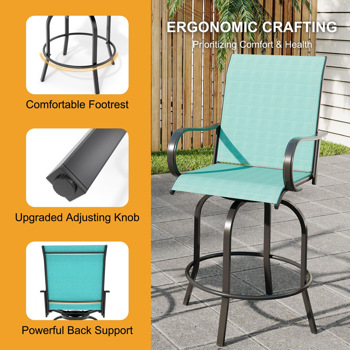 2 Piece Teal Outdoor Swivel Bar Stools with High Back & Armrest Q4321
