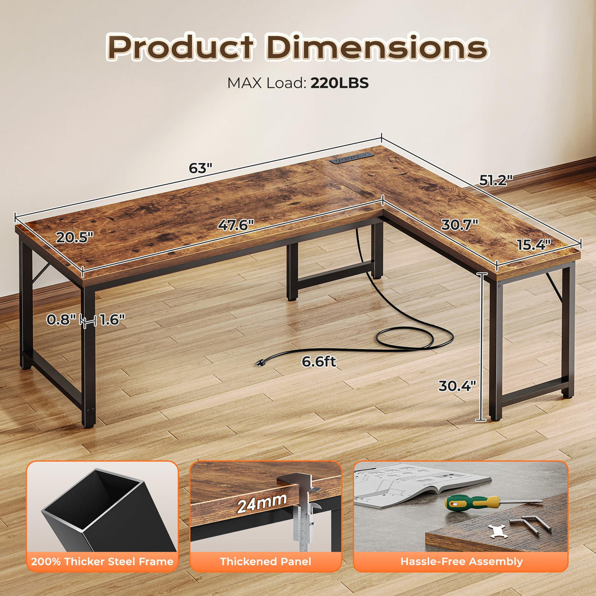 63 Inch L Shaped Desk with Power Outlets I706