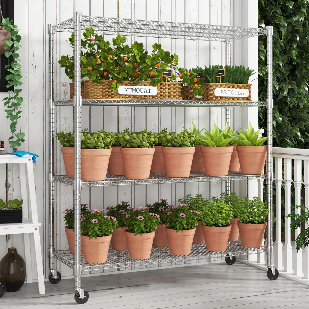 4-Tier Heavy Duty Metal Shelves with Wheels S785